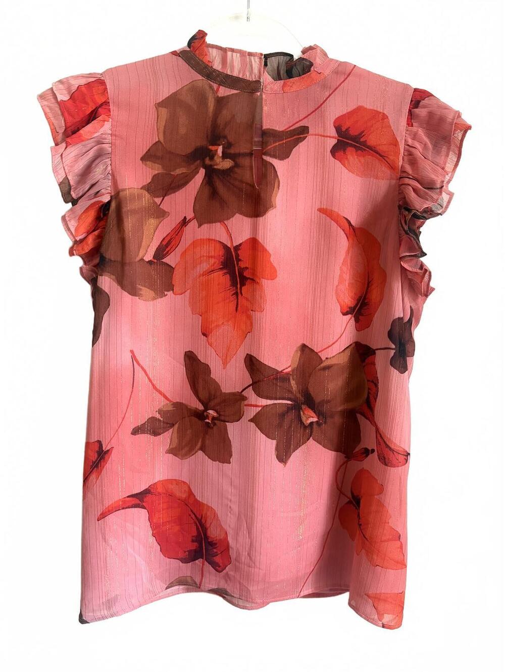 Express | Beautiful Silky Pink Red Brown Floral Gold Ruffle Cap Sleeve Blouse XL - Picture 8 of 9